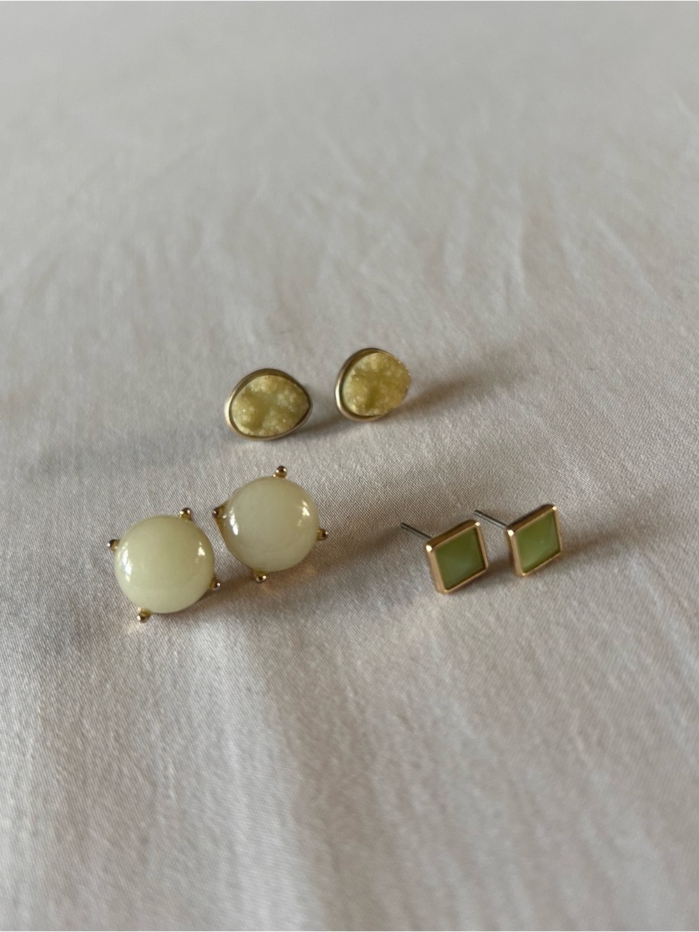 3 Pair Mint Green Stud Earring Bundle Druzy Cabochon Gold Tone